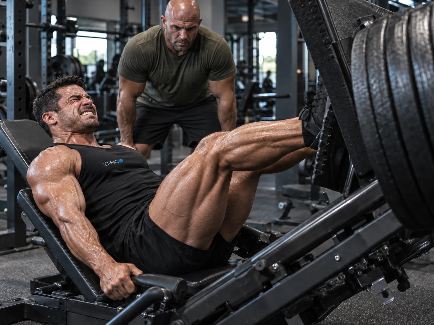 A man performs a leg press while a trainer watches beside the machine.