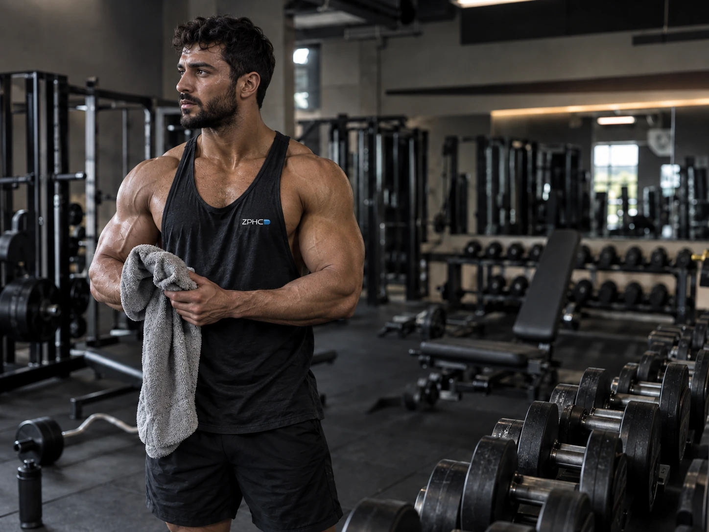 A man stands beside dumbbells holding a towel during a pause in training.