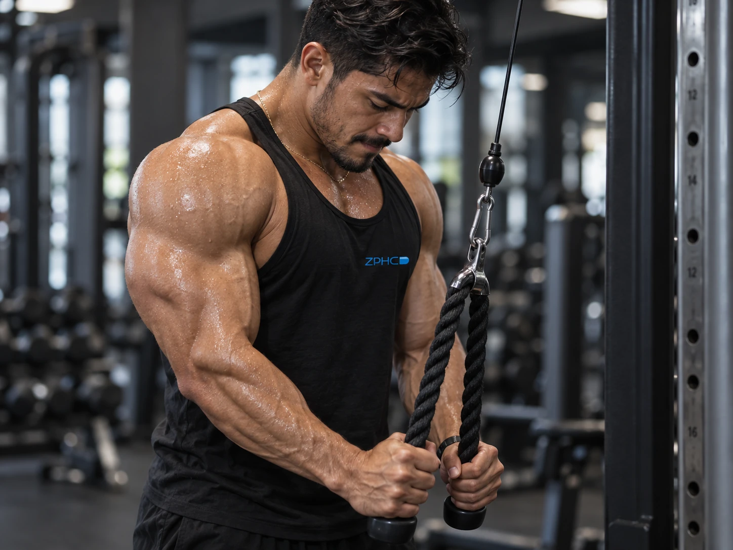 A man grips a rope attachment during a cable triceps pushdown.