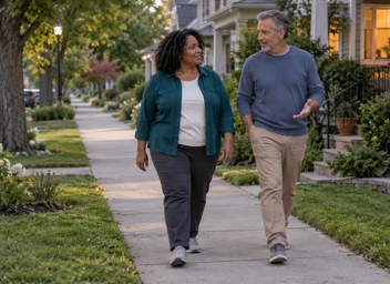 Two adults talking as they walk along a tree-lined residential sidewalk.